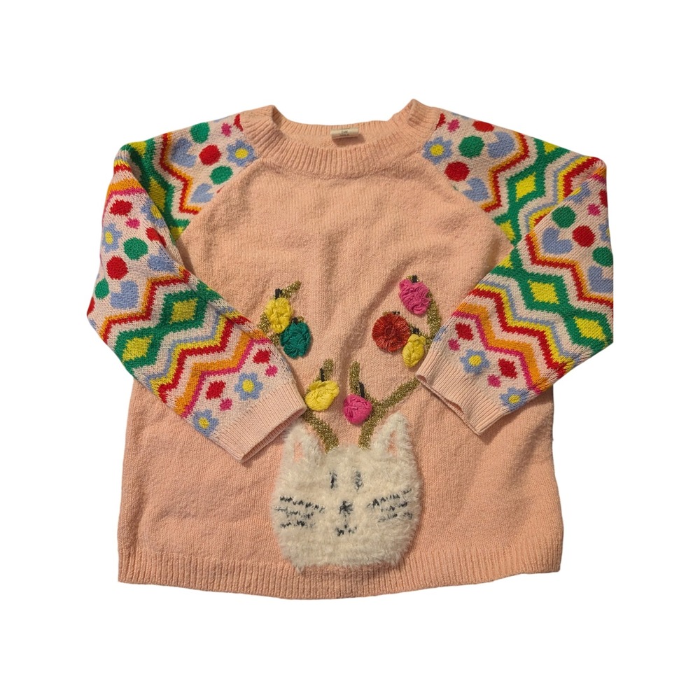 Tucker + Tate Girls Pink Cat Antler Pom Pom Sweater Multi Color Pattern Sleeves